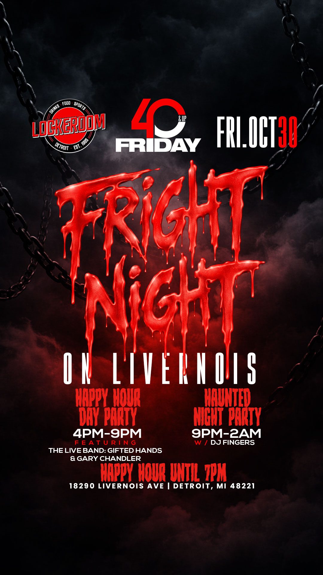 Fright Night on Livernois flyer, LOCKEROOM 40 & Up Friday, October 30
