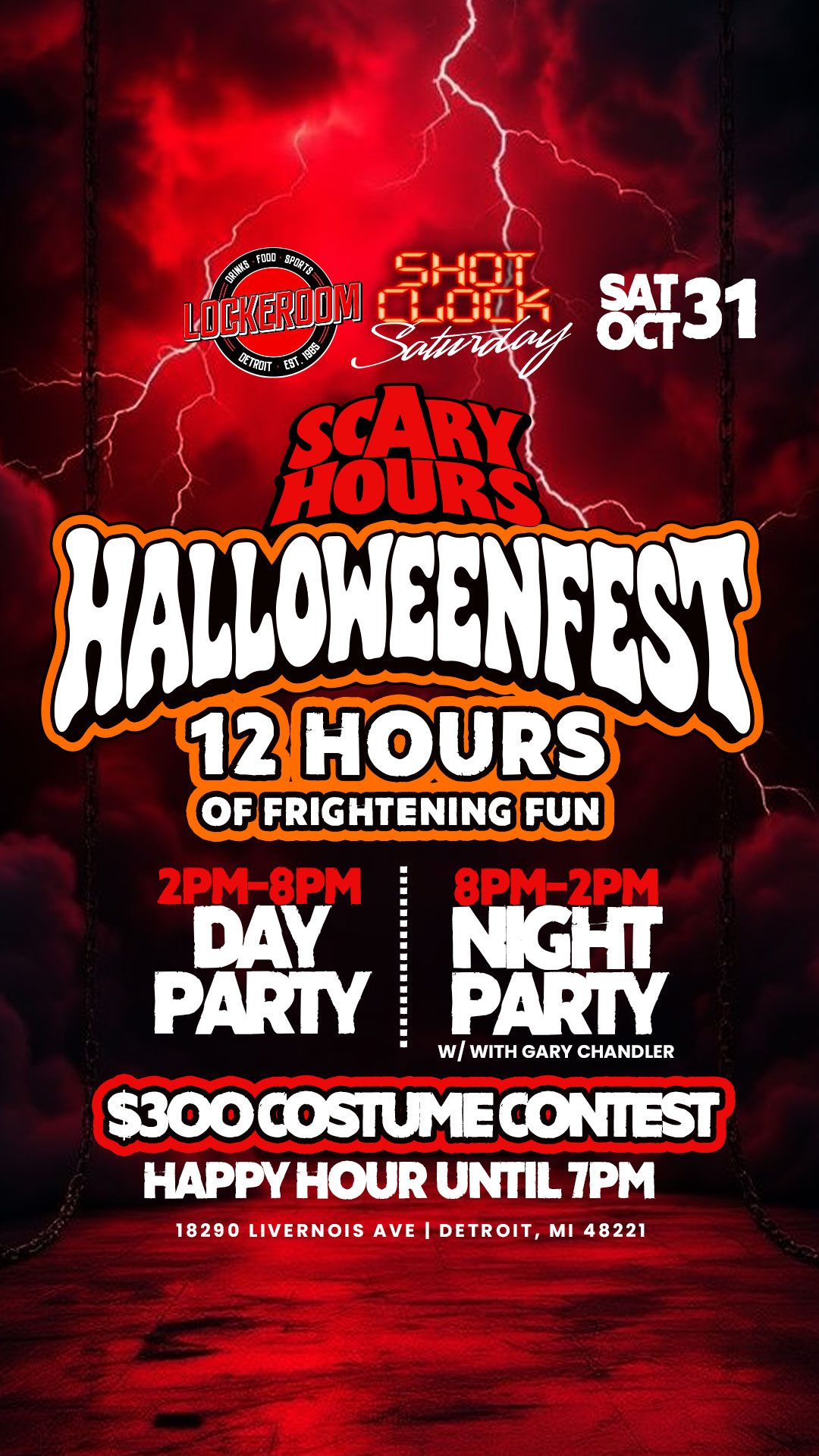 Scary Hours Halloweenfest flyer, LOCKEROOM Shot Clock Saturday, October 31